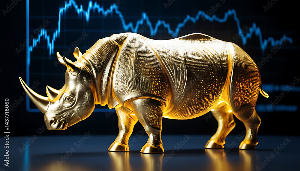 Fototapeta premium a glowing gold rhinoceros statue on hologram trading business background 