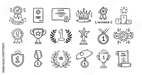 Awards doodle, trophy cups, first place medals and diploma set. Hand drawn champion trophy cup and gold medal. Drawing award decorative isolated icons. 