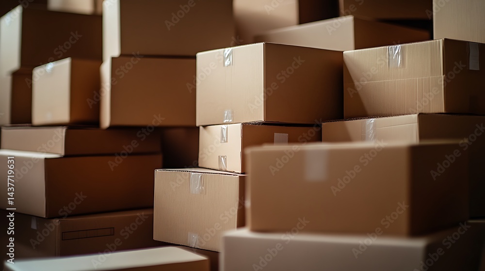 Fototapeta premium Stacked Cardboard Boxes Many Packages for Shipping or Moving