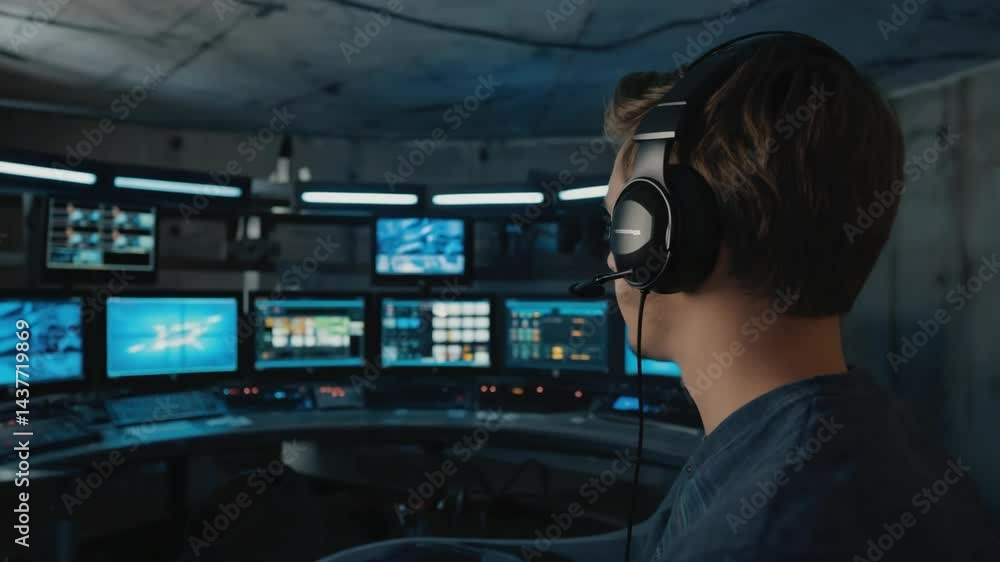 Man Monitoring Multiple Screens in a Surveillance Room Man Monitoring Multiple Screens in a Surveillance Room