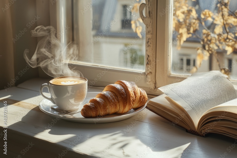 A warm cup of coffee and a golden croissant sit invitingly on a windowsill. The book lies open nearby, suggesting a cozy morning. Ideal for food lovers and coffee enthusiasts. AI