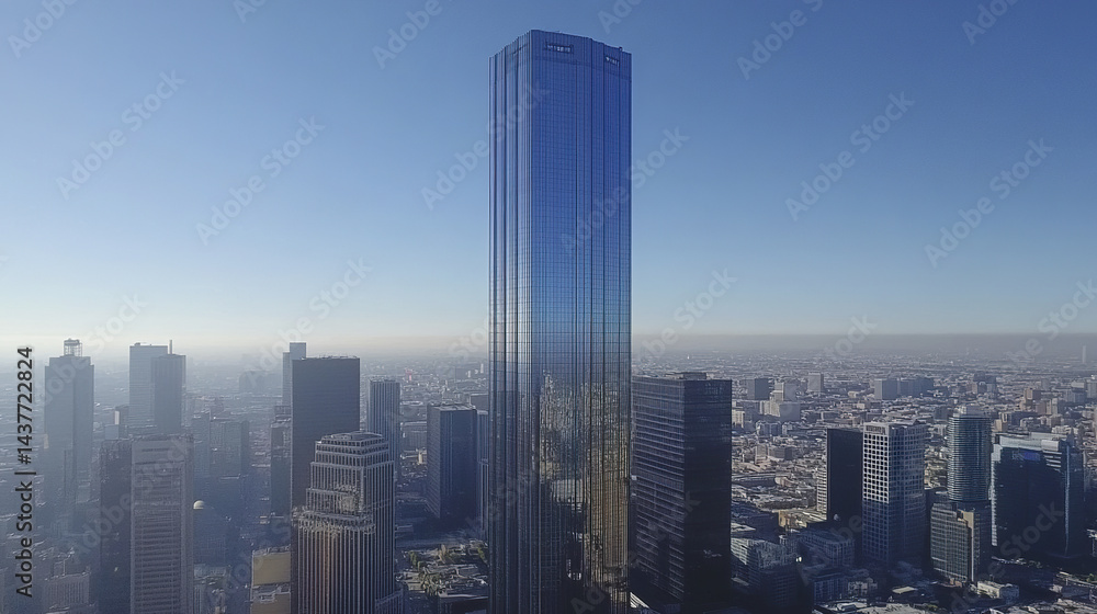 Fototapeta premium modern skyscraper towers over bustling city skyline, reflecting clear blue sky