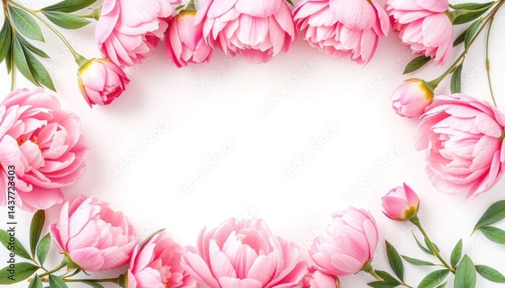 Elegant frame of pink peonies on a white background, soft romantic floral decoration, perfect for invitations or greetings with copy space Elegant frame of pink peonies on a white background, soft romantic floral decoration, perfect for invitations or greetings with copy space