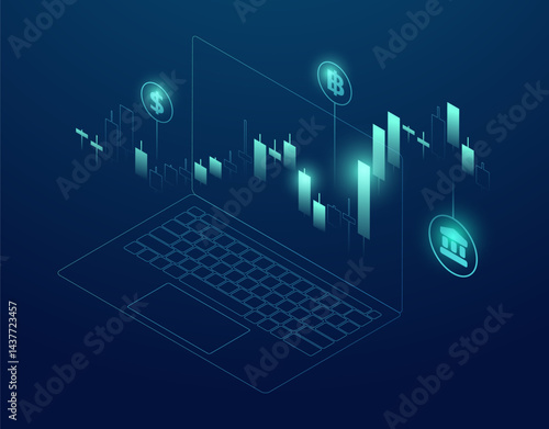Stock Exchange Market Trade Graph Digital Screen with Line Laptop Computer Showing Investment Growth and Finance Trends for Trade Analysis Economic 3D Isometric Market Dashboard. Minimal Style