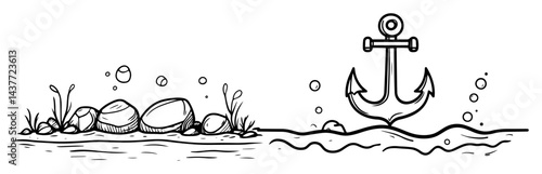 hand drawn underwater stones and anchor black and white vector