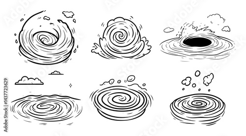 hand drawn whirlpool and vortex collection black and white vector