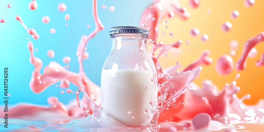 A fresh bottle of milk surrounded by splashes of colorful milk. Dynamic and vibrant scene showcasing the freshness and purity of dairy. Ideal for food blogs and nutrition sites. AI
