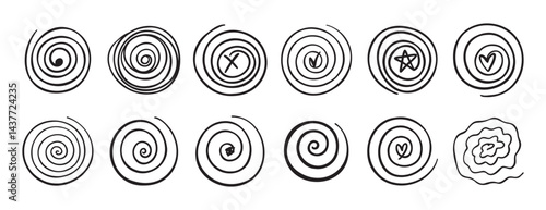 Doodle spiral swirl motion element set. abstract hand drawn round spiral line. spiral with a symbol inside