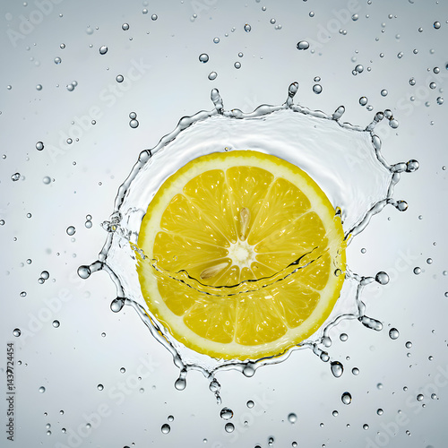 A vibrant lemon slice surrounded by a splash of water droplets against a light background scene view