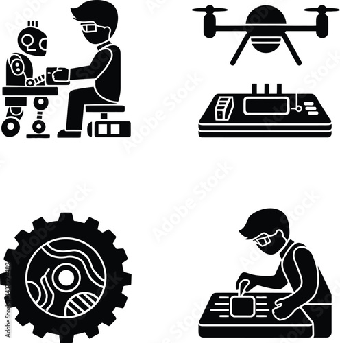 Vector Set of Four Technology and Robotics-Themed Icons, Featuring a Person Working on a Robot, a Drone Hovering Over a Circuit Board, a Gear with Mechanical Details, and an Engineer Assembling 