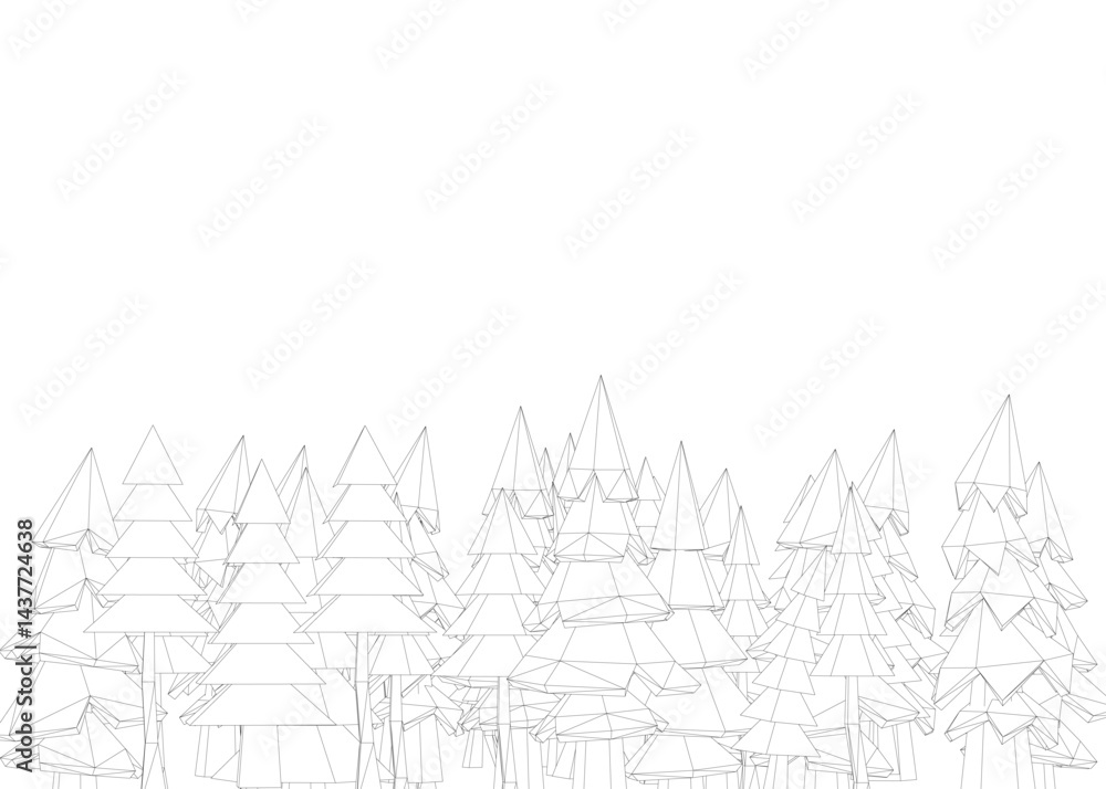Naklejka premium A forest of trees is drawn in black and white. The trees are sparsely scattered throughout the image, with some closer together and others further apart