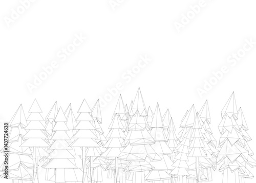 A forest of trees is drawn in black and white. The trees are sparsely scattered throughout the image, with some closer together and others further apart