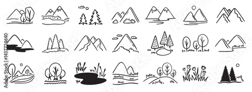 Mountains landscapes nature with pine forest, river, mount and hills doodle hand drawn icon set. Outline drawing rocky horizon environment line clipart symbol collection. 