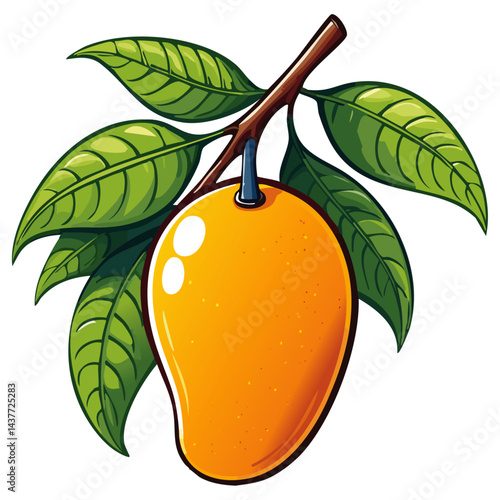 Mango on a branch vector illustration in color sketch style. Bright image of tropical fruit on a branch with leaves on an isolated background. For packaging and design