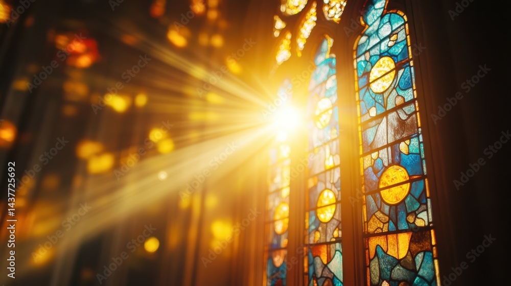 Sunlight streams through vibrant stained glass windows, casting colorful patterns and a warm glow inside a church. Sunlight streams through vibrant stained glass windows, casting colorful patterns and a warm glow inside a church.