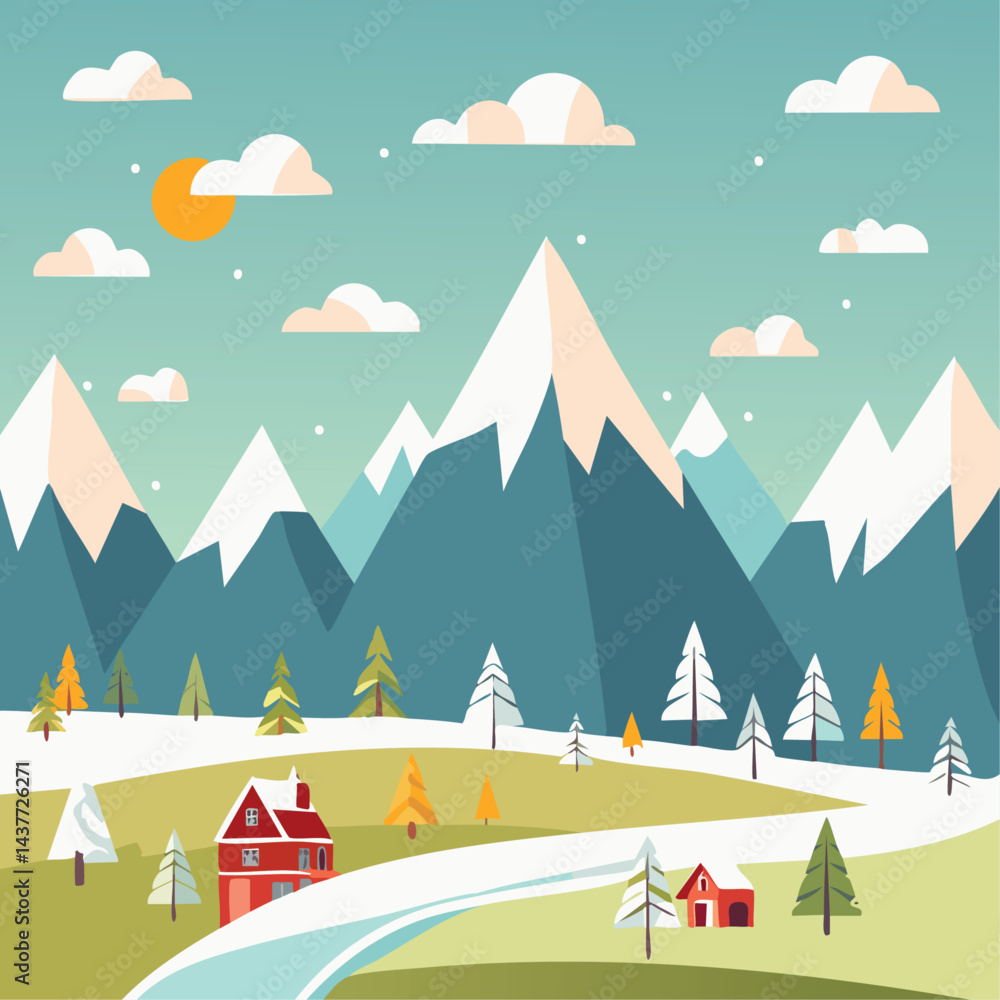 Snowy mountains and scandinavian landscape with fir trees vector illustration. Christmas nature background in laconic northern style. New Year's backdrop for postcards and congratulations. Snowy mountains and scandinavian landscape with fir trees vector illustration. Christmas nature background in laconic northern style. New Year's backdrop for postcards and congratulations.