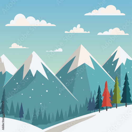 Snowy mountains and scandinavian landscape with fir trees vector illustration. Christmas nature background in laconic northern style. New Year's backdrop for postcards and congratulations.