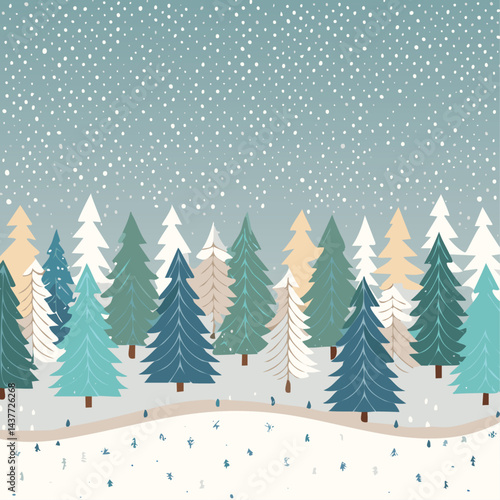 Snowy forest with fir trees vector illustration in scandinavian laconic style. Christmas natural background for postcards and invitations. New Year's backdrop of cold northern nature.