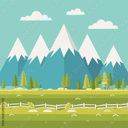 Snowy mountains and scandinavian landscape with fir trees vector illustration. Christmas nature background in laconic northern style. New Year's backdrop for postcards and congratulations.