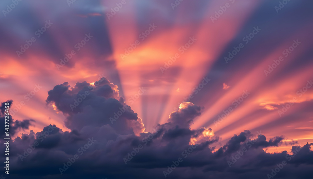 Dramatic Sunset Sky With Light Rays Through Clouds Dramatic Sunset Sky With Light Rays Through Clouds