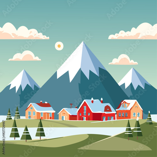Snowy mountains and scandinavian landscape with fir trees and traditional houses vector illustration. Christmas nature background in laconic northern style. New Year backdrop for postcards and congrat