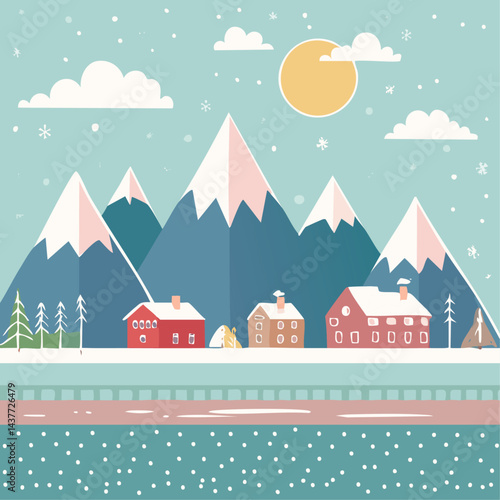 Snowy mountains and scandinavian landscape with fir trees and traditional houses vector illustration. Christmas nature background in laconic northern style. New Year backdrop for postcards and congrat