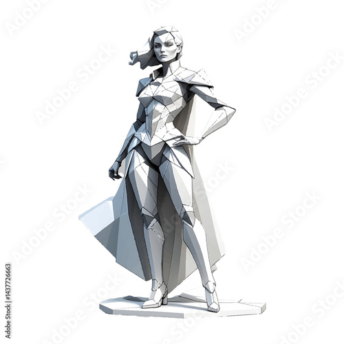 Modern geometric sculpture of a female heroine in an elegant pose on a minimalist background