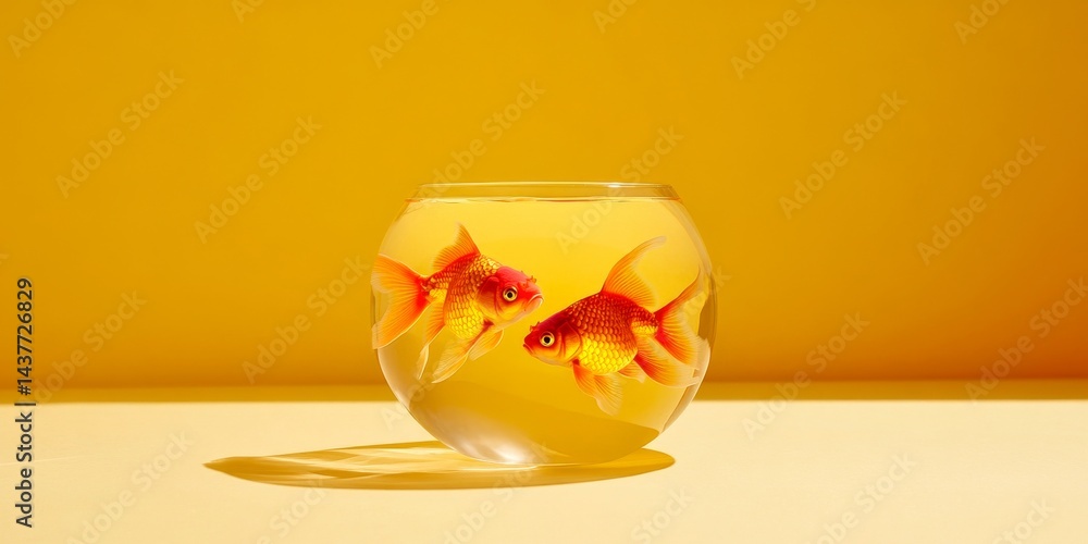 A colorful fishbowl showcases vibrant goldfish swimming elegantly in clear water. The warm yellow background enhances the lively atmosphere. Perfect for nature, decor, and aquatic themes. AI