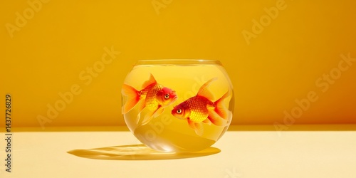 Obraz na płótnie A colorful fishbowl showcases vibrant goldfish swimming elegantly in clear water. The warm yellow background enhances the lively atmosphere. Perfect for nature, decor, and aquatic themes. AI w salonie