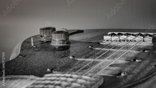 Bild auf Leinwand Vintage electric guitar in close-up, showcasing dusty strings and control knobs