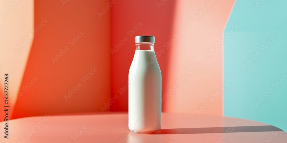 A stylish glass bottle of milk stands against vibrant geometric backgrounds. This image captures a modern aesthetic with clean lines and soft shadows. Perfect for food and beverage styling. AI