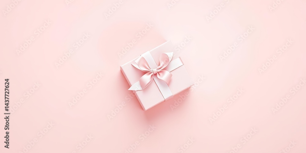 A minimalist pink gift box with a delicate ribbon bow rests on a pastel background Perfect for celebratory occasions, gift box, top view A minimalist pink gift box with a delicate ribbon bow rests on a pastel background Perfect for celebratory occasions, gift box, top view