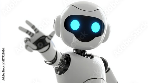 Cute humanoid robot with bright blue eyes extending a hand for interaction and connection