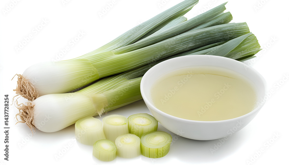 Bowl of delicious leek soup isolated on white Bowl of delicious leek soup isolated on white