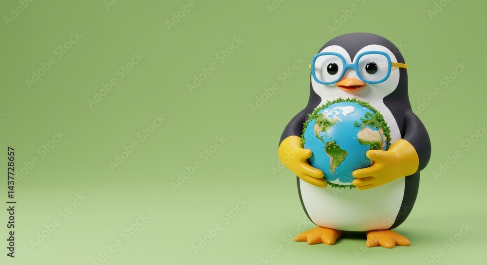 Penguin cartoon character with glasses holding planet earth concept for environmental awareness and global conservation Penguin cartoon character with glasses holding planet earth concept for environmental awareness and global conservation
