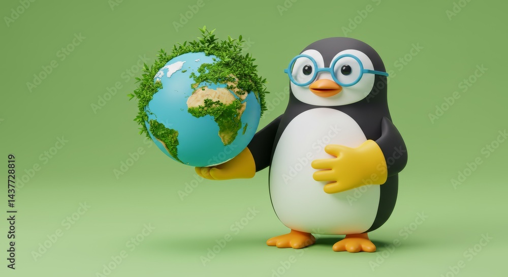 Fototapeta premium Cartoon penguin character with glasses holding a green earth globe for environmental awareness and sustainability