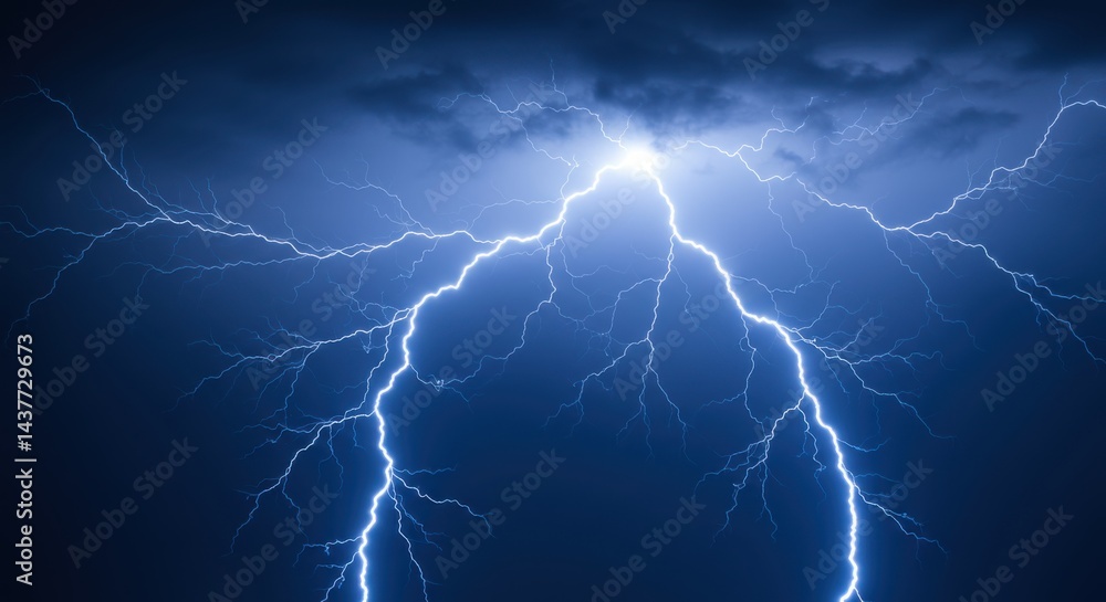 Striking lightning bolts illuminate a dark blue sky during a powerful thunderstorm event at night Striking lightning bolts illuminate a dark blue sky during a powerful thunderstorm event at night