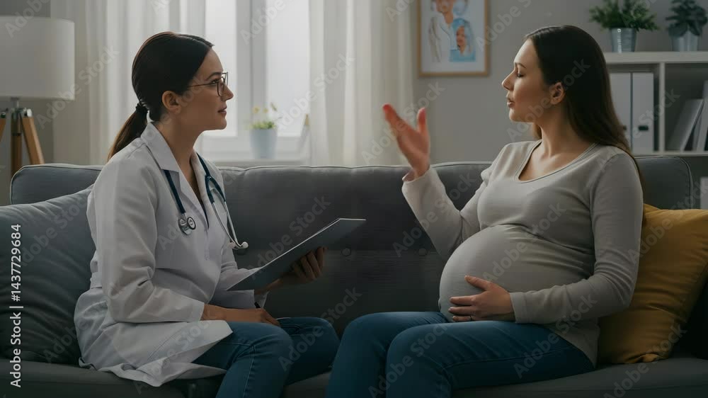 Pregnant woman discussing with doctor at home consultation Pregnant woman discussing with doctor at home consultation