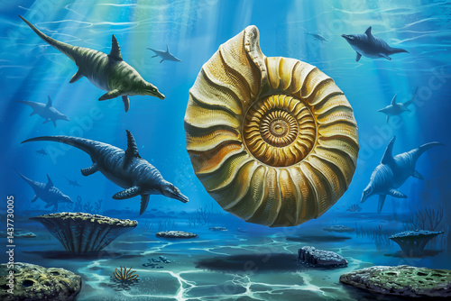 Prehistoric ocean with giant ammonites and mosasaurs, ultra-detailed paleoart