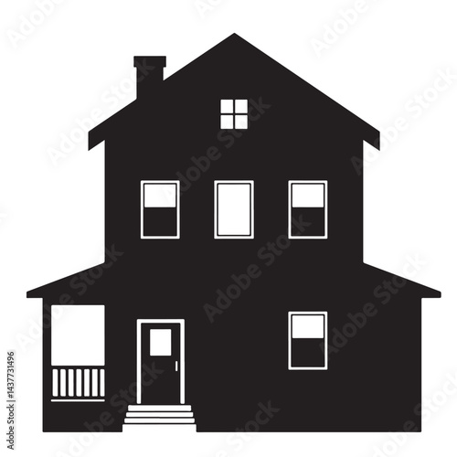 Flat Black Vector Silhouette of a Two-Story Traditional House with Chimney, Front View, on White Background