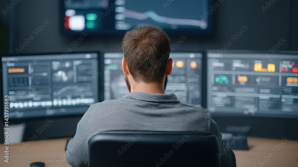 Engineer Management Concept. Individual Analyzing Data on Multiple Monitors in Modern Office Environment Engineer Management Concept. Individual Analyzing Data on Multiple Monitors in Modern Office Environment