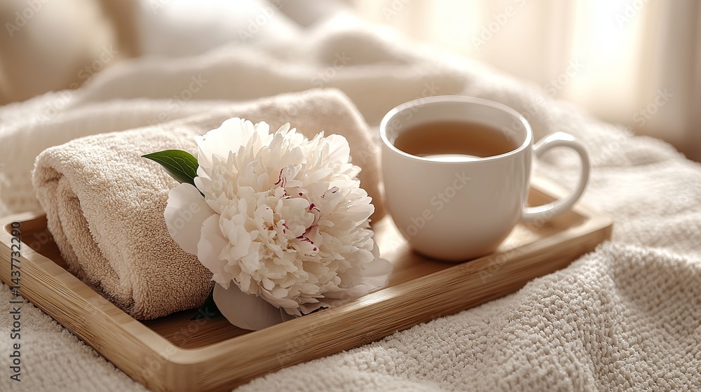 A minimalistic setup featuring a fresh peony flower, a rolled towel, and a cup of tea on a wooden tray A minimalistic setup featuring a fresh peony flower, a rolled towel, and a cup of tea on a wooden tray