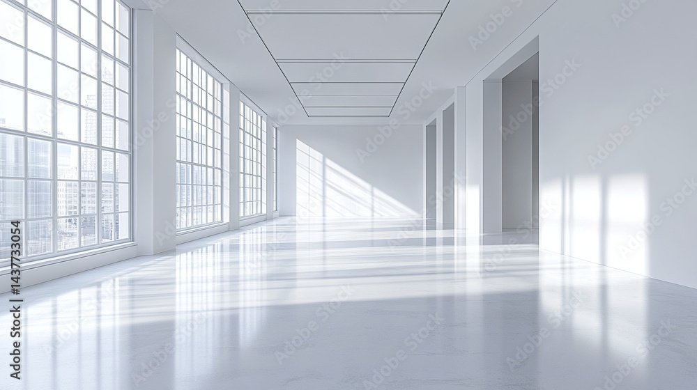 Fototapeta premium bright and spacious interior featuring clean white walls and large windows, creating serene