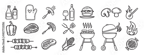 Barbecue grill party doodle hand drawn icon set. Outline drawing BBQ tools charcoal firewood and products line clipart symbol collection 