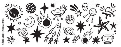 space, planets, stars and sun doodle hand drawn icon set. Outline drawing space sign line clipart symbol collection