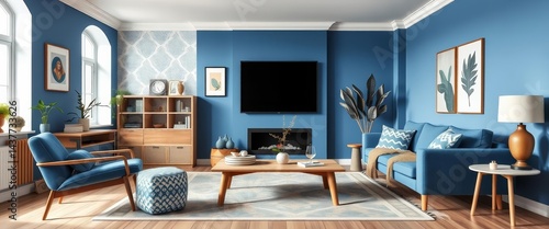 Wallpaper Mural Blue Scandinavian living room, modern furniture, vintage wallpaper, wood accents, poster mockup, stylish,  home decor Torontodigital.ca