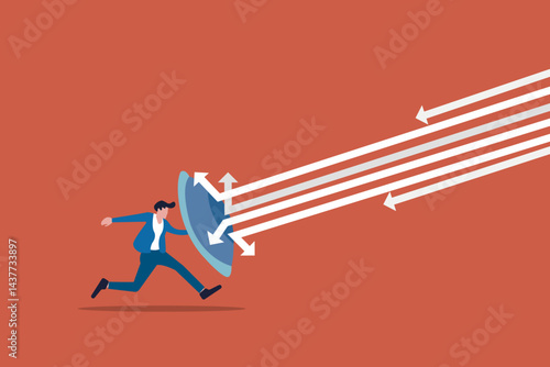 The businessman used the shield to resist the falling arrow. Flat vector illustration