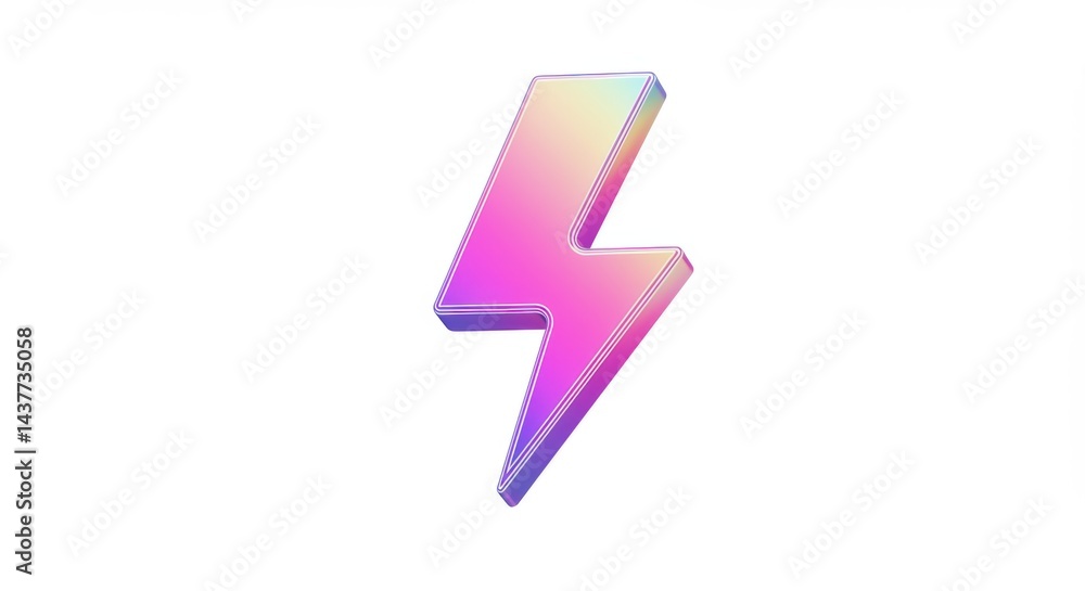 A vibrant iridescent lightning bolt symbol against a clean white background in a digital rendering A vibrant iridescent lightning bolt symbol against a clean white background in a digital rendering