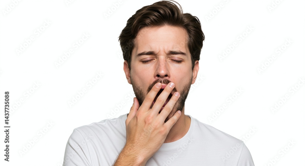 Sleepy young man yawning isolated on white background representing fatigue and drowsiness. Generative AI Sleepy young man yawning isolated on white background representing fatigue and drowsiness. Generative AI