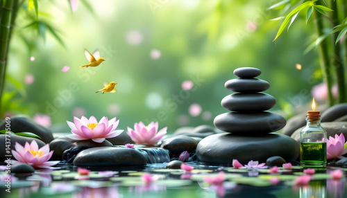 Relaxing spa stones and lit candles with flowers.